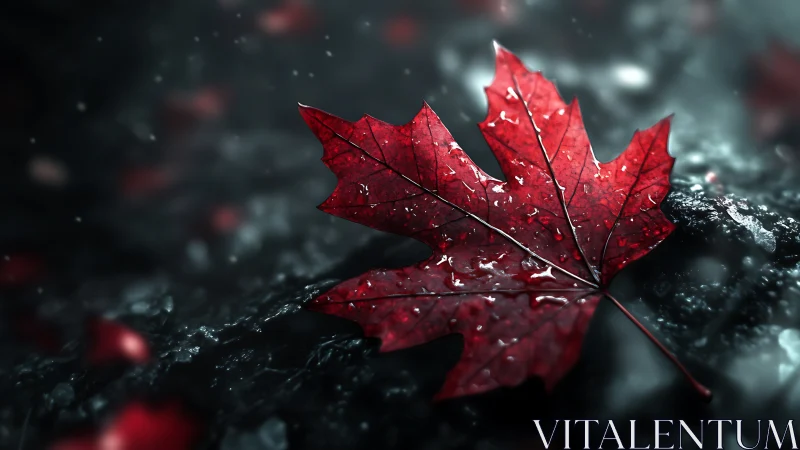 Single scarlet maple leaf lingers like a quiet ember in rain