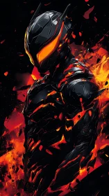 Armored humanoid figure in black suit with orange lava accents.