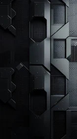 Futuristic black metal tech panel with hex mesh geometry.