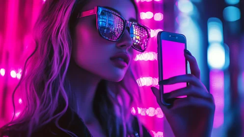 Woman holds smartphone in neon environment with reflective light