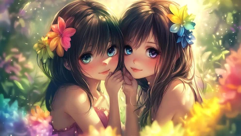 Twin flower spirits trade secrets in a haze of glowing petals