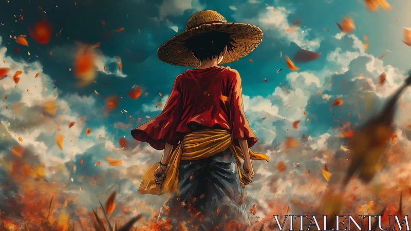 Straw hat wanderer stands in burning field under storm sky