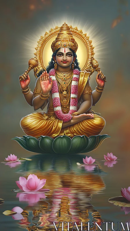 Seated golden deity on lotus pedestal above reflective water.