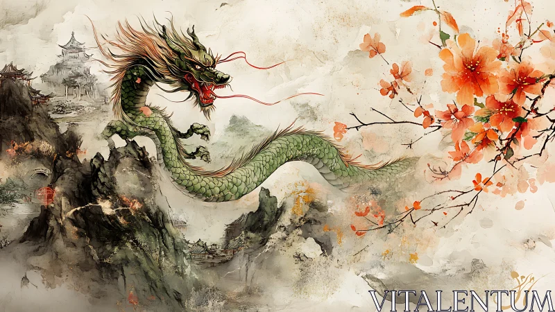 Imperial jade dragon coils through mist and sakura blossoms.