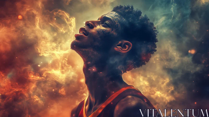 Male figure in profile amid abstract fiery cloud field.