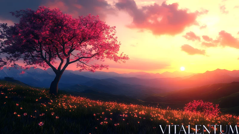 Pink blossom tree glows over sunlit valley at sunset