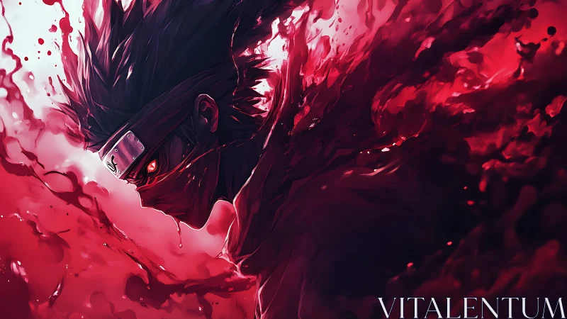 Crimson storm ninja rising from swirling shadows of fury.