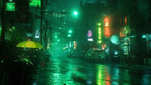 Neon‑lit rainy alley with yellow umbrella and wet asphalt.