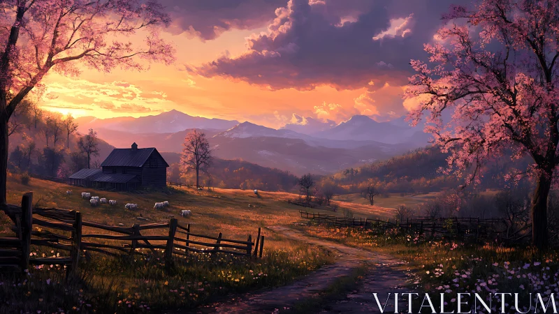Twilight agrarian valley with bloom-framed farmhouse vista.