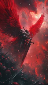 Armored winged warrior above red battlefield in storm.