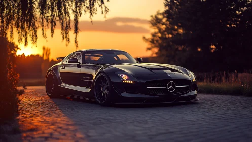 Midnight-black sports car resting in a warm sunset glow.