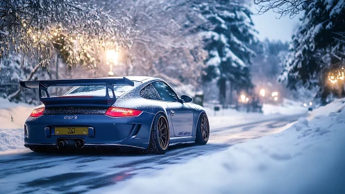 Blue sports coupe accelerates through cinematic snowy roadway