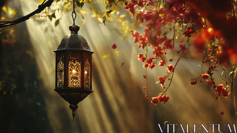 Lantern of drifting petals basking in golden forest hush.