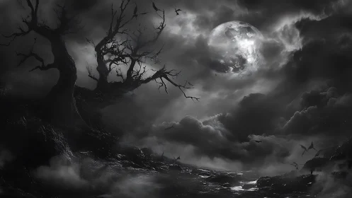 Moody moonlit landscape with twisted trees and drifting mist.