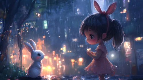 Rainy night girl and rabbit share a gentle, glowing moment.