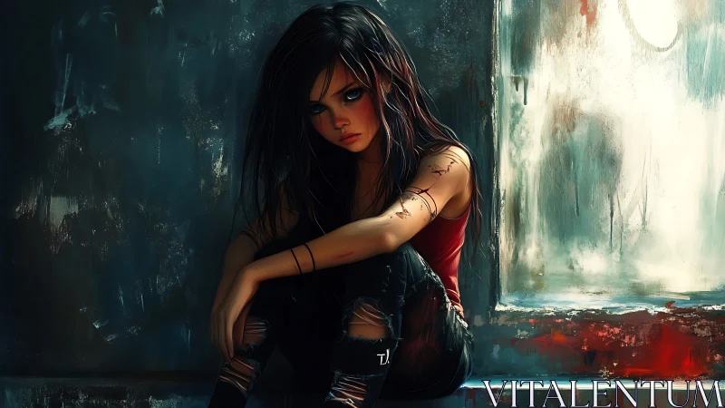 Brooding street girl by a shattered urban window at dusk.