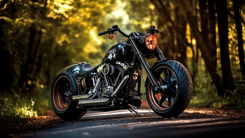 Custom black cruiser motorcycle on forest road at dusk.