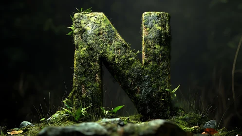 Moss-Covered Wooden Letter N in Lush Forest Setting, Realistic Style.