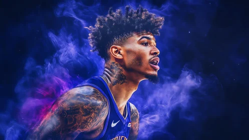 Dynamic basketball portrait in neon vaporwave smoke glow.