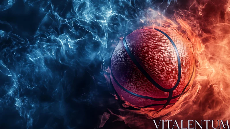 Basketball sits centered between blue smoke and orange flames