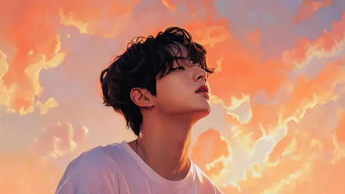 Soft sunset sky embraces a dreamy youth in warm light