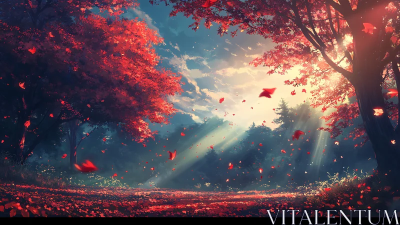 Sunlit autumn forest path glows under drifting red leaves