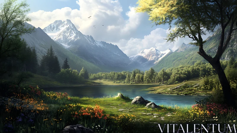 Mountain lake landscape shows layered vegetation and peaks