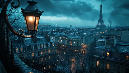 Moody Parisian rooftops under stormlit teal evening sky.