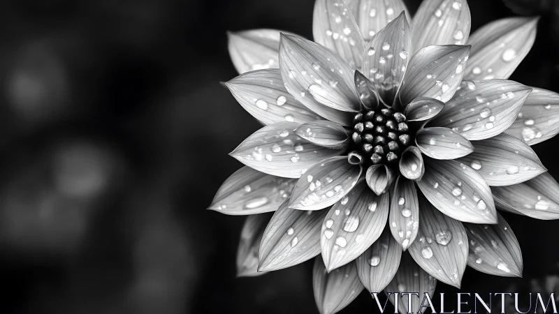 Dahlia with dew drops black and white macro.