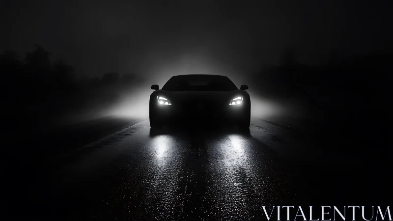 Sports car headlights cut through dense nighttime road fog