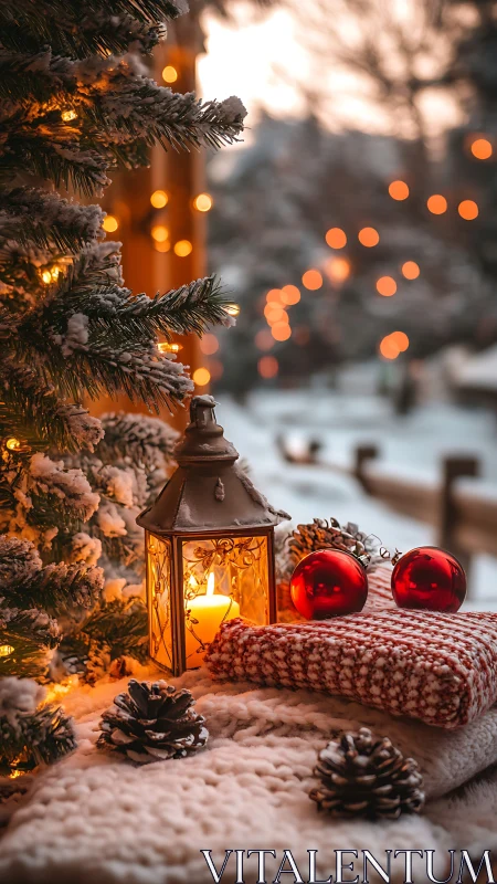 Snowy porch lantern and cozy Christmas evening glow.
