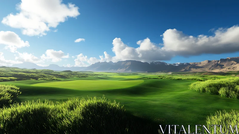 Sunlit mountain golf fairway rendered in hyperreal detail