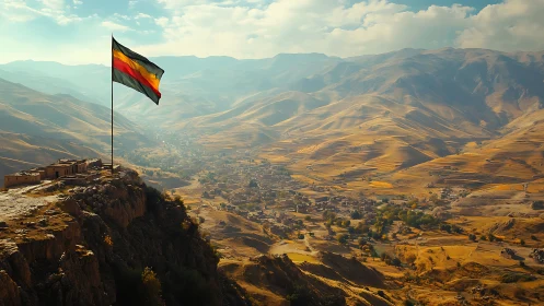 Lone mountain flag overlooks sunlit valley town at dusk