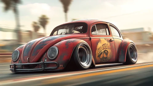 Slammed vintage Beetle races through a hazy coastal strip