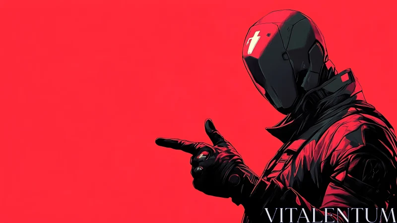 Masked cyber agent strikes a pose against vivid red field.
