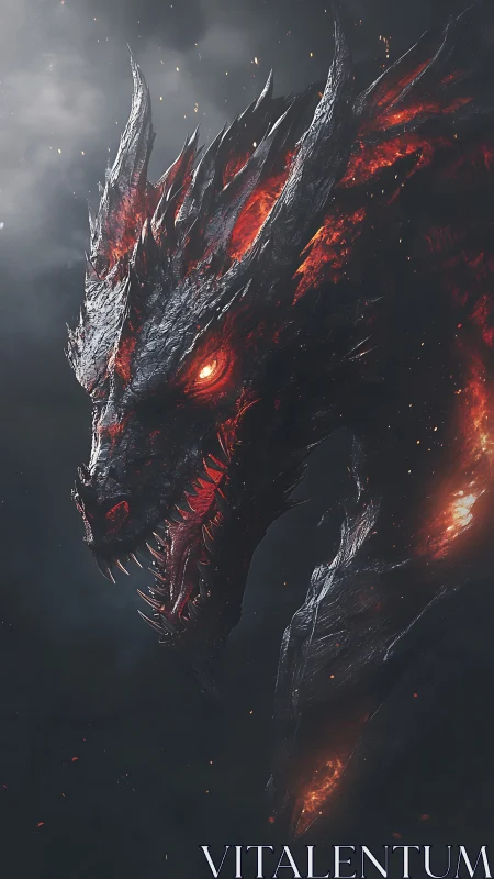 Infernal obsidian dragon roars through volcanic smoke