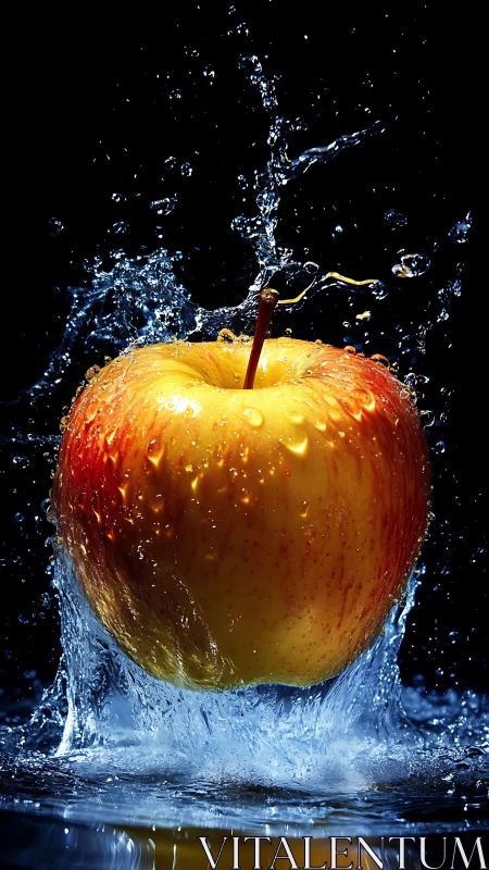 Red and yellow apple struck by upward water splash motion.