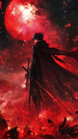 Lone swordbearer quietly rewrites destiny beneath a bleeding moon