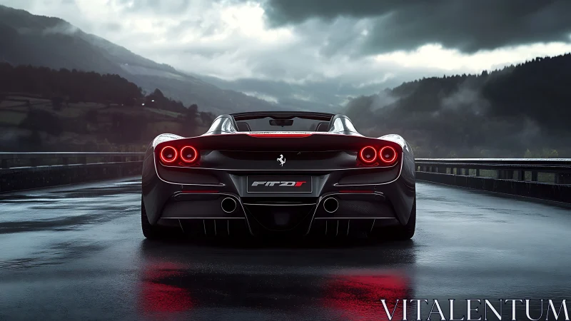 Sleek black supercar idles on a rain soaked mountain highway.