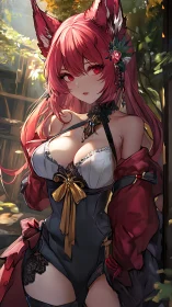 Vulpine-eared anime enchantress in ornate forest corsetry.
