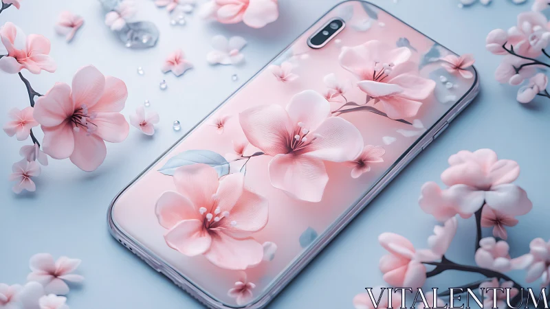 Blossoms meet glass: ethereal cherry petals dance across luminous phone.