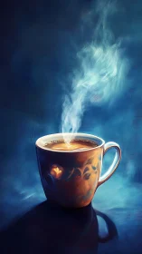 Steaming ceramic coffee cup in blue ambient light.