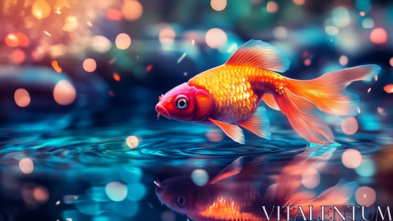 Vibrant goldfish glides above reflective neon water.