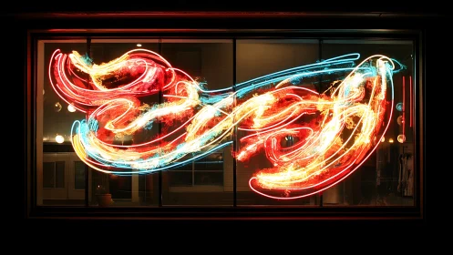 Neon light abstraction across storefront window at night.