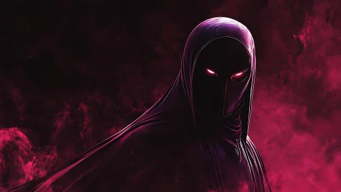 Shrouded hooded figure radiates ominous neon magenta energy.