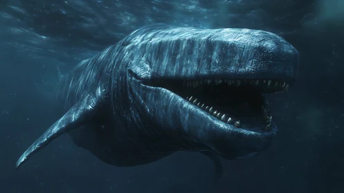Abyssal titan whale glides with a cavernous, gleaming maw.