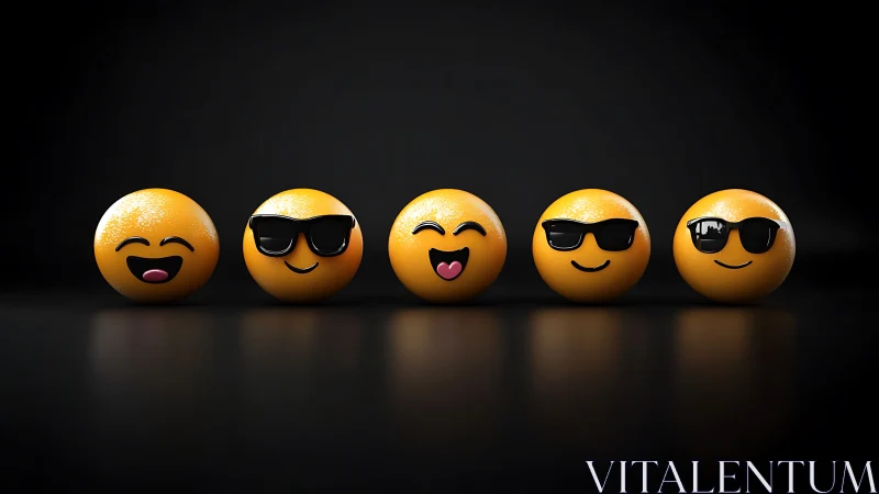 Glossy emoji spheres with sunglasses on reflective black.