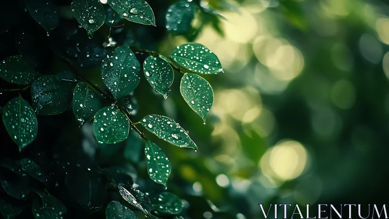 Macro foliage with rain droplets and shallow bokeh field.