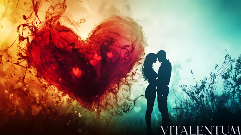 Lovers' Silhouette Against Liquid Heart Form.