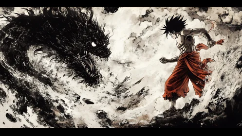 Stormborn warrior squaring off against ink-forged dragon.